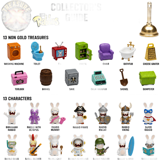 moose toys treasure x the rabbids collectors guide 13 non gold treasures with names 13 characters with names bwaaaaah rabbid rabbid with octopus rabbid mummy with pink toilet paper and more real gold dipped plunger