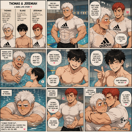 A Comic book story of a Bulky and muscular ANIME Cute Bara Man Who looks Normal and American with a round facial Structure and Basic facial structure With Big Pecs and Biceps and Bandaid on his nose. Wearing a Baggy Adidas White and shorts with White hair and named Thomas and has a huge crush on Blake. With Blake a Skinny and small Kid. And a Masculine and Cute guy that looks exactly like Thomas, but his face looks different and his name is Jeremiah and has Red Hair and Has a Huge crush on Thomas. One day Thomas at Practice near a swimming a pool. Jeremiah smiles and Makes Thomas Blushes. And Thomas Stutters and Attempts to hug Blake. In the water and Frowning in sadness. But Blake Rejects and Flirts and Taunts Thomas. And then Thomas starts to Frown. But Jeremiah Comes up and Hugs Thomas. Because Blake rejected him