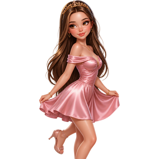 semi-realistic soft cartoon luxury glam, mini plush Bratz-doll aesthetic, cinematic glow, crisp clean detail, glossy glam skin. brown eyed Petite 5ft girl, fair skin with soft freckles, wide face with tall forehead, honey-brown almond wide-set upturned eyes, fluttery lashes, shimmer highlight, plush lips, bottom heavy lip, sweet Belle-princess vibe, long straight brunette hair with visible caramel highlights, wearing a flirty rose-pink off-shoulder satin mini dress with draped bodice details and a tiny gold crown headband, nude-pink heels, delicate gold jewelry, hair in long voluminous waves, holding the sides of her skirt while turning slightly with a dreamy princess smile
