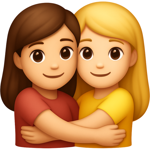 Two girls hugging each other one with brown hair and with brown eyes and the other with blond hair and brown eyes