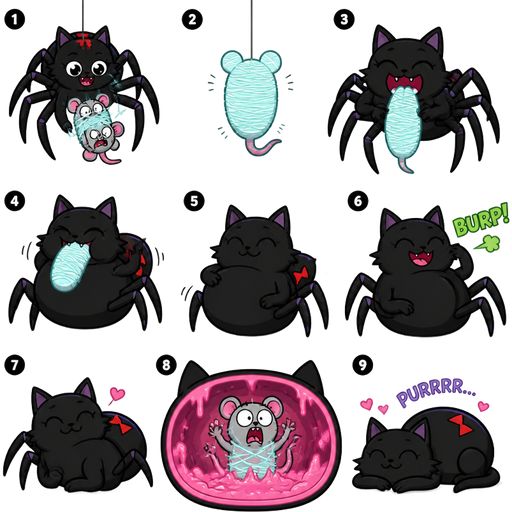 comic black widow spider cat drider wrapping mouse up light cyan mouse shaped cocoon hanged to the top black widow spider cat drider swallows a light cyan mouse shaped cocoon whole black widow spider cat drider gulps down mouse shaped cocoon black widow spider cat drider burps black widow spider cat drider relaxing purring happily
webbed mouse screaming in a stomach with pink slime with the unikitty style