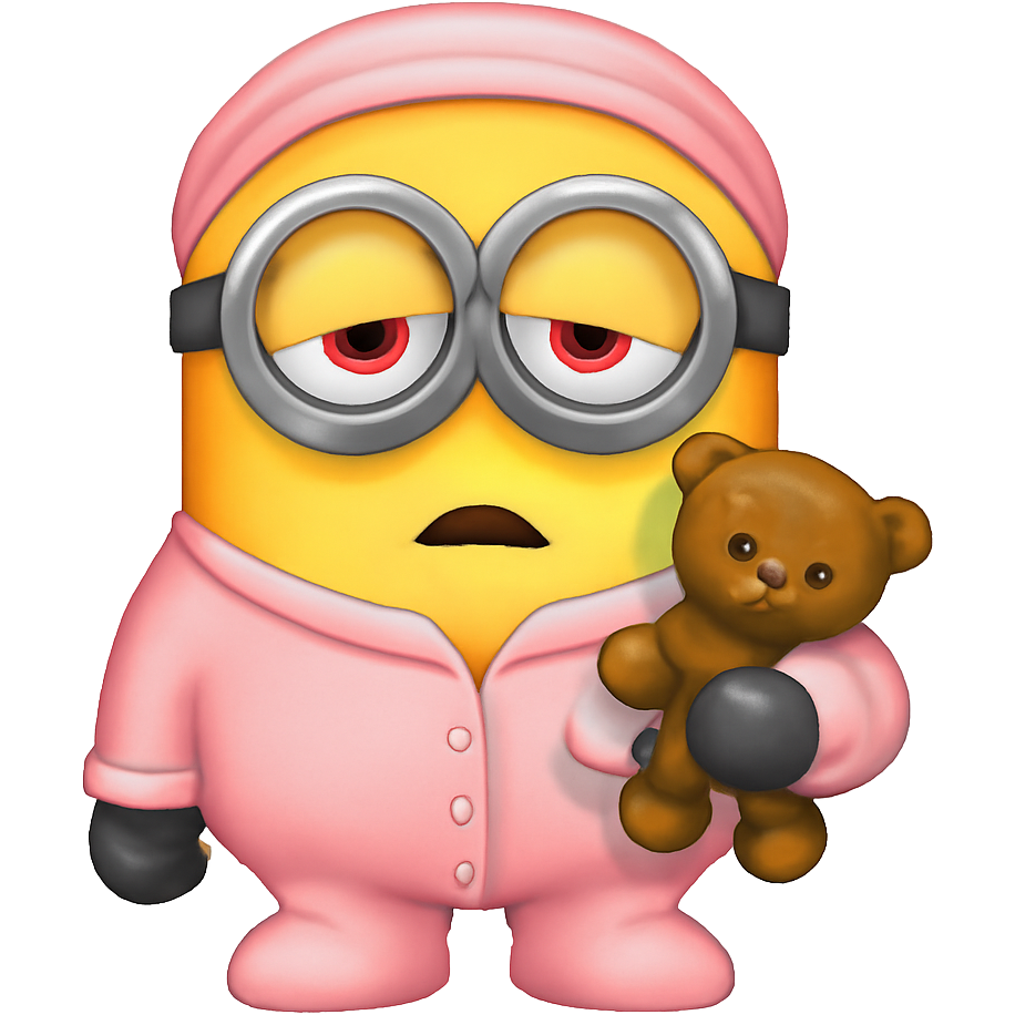 a minion, wearing baby pink onesie pyjama, sleepy, eyes heavy, holding teddy in one arm, full body, very cute