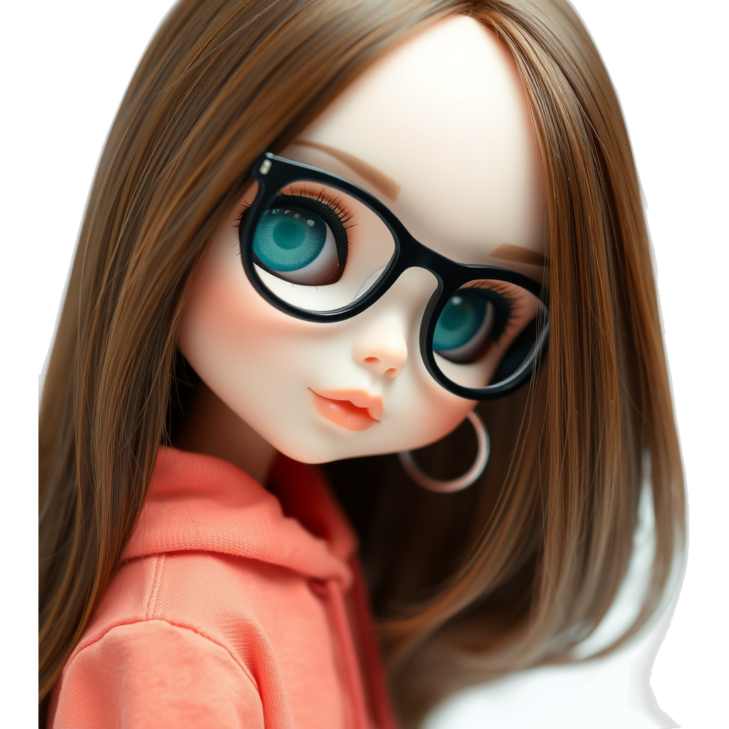 make a blythe doll with long straight brown hair black glasses tiny small hoop earrings and a coral hoodie