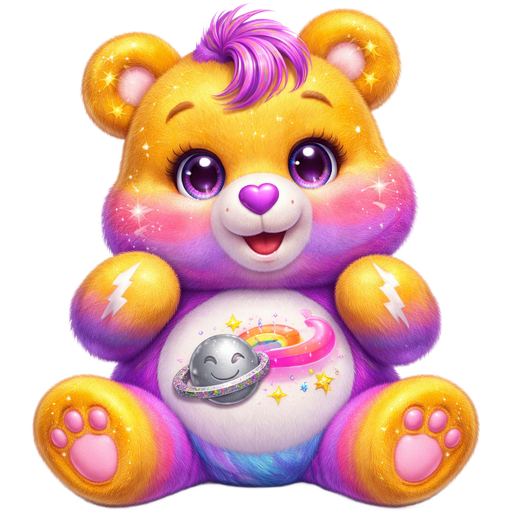 Starlight Love Care Bear with Gradient Pink/Purple Striped Mixed Pattern Fur and Amber Yellow Ears, Paws, Feet and The Upper-Half of the Face is also Amber Yellow with Shooting Stars and Lightning Strikes on the The Paws, Upper Face, Ears and Feet with a Smiling Sliver Saturn with the Ring being Half Silver and Pink Next to a Rainbow Shooting Pink Heart with Yellow, Pink, and Blue Stars Surrounding it on the Stomach with White Twinkles in the pupils of the eyes and Purple and Pink striped Tufts of hair and a Purple Heart Nose