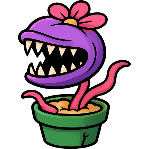 purple clam with pink flower petals sharp teeth pink stem in a green flower pot with yellow dirt pink tentacles sticking out of some cracks