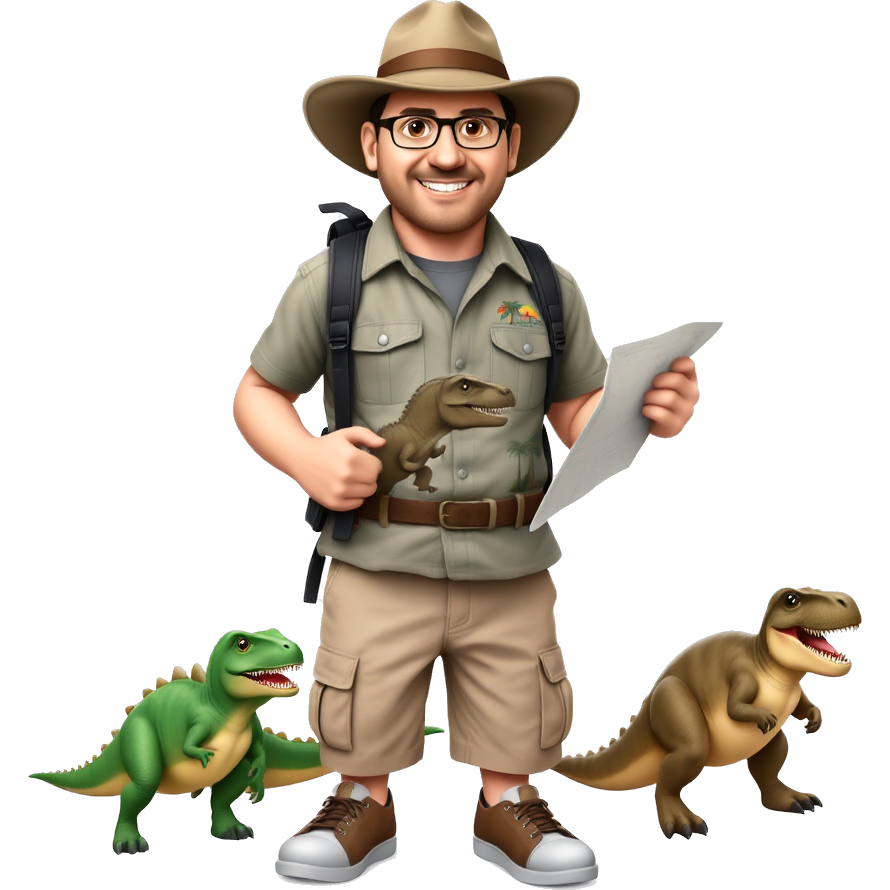 "Matt Sturniolo dressed as a dino explorer, sporting a rugged Matthew 4 shirt featuring a T-Rex and palm trees. He's equipped with a safari hat, cargo shorts, and dino-print sneakers, while holding a map of a prehistoric park, surrounded by friendly little dinosaurs."