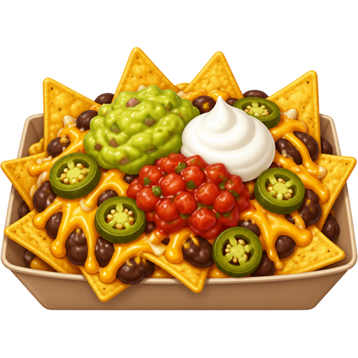 A tray of nachos with beans, melted shredded cheese, chopped jalapeños, guacamole, salsa and sour cream.