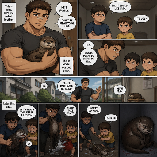 A DETAILED AND LIFELIKE ANIME Comic Book story view of a Bulky but Muscular ANIME Cute Bara Man With Peach toned skin Who looks Normal aind round facial Structure and Basic facial structure With Puffy and Big Pecs that are visible through the shirt and Biceps and Bandaid on his nose and Brown short hair that makes them look tough. Wearing normal With his pet Grown and healthy realistic otter and 2 little brothers that are in different ages but young. And they all don’t like the otter he says don’t be mean to him. Later, when the big brother isn’t home, they excessively bully the otter.