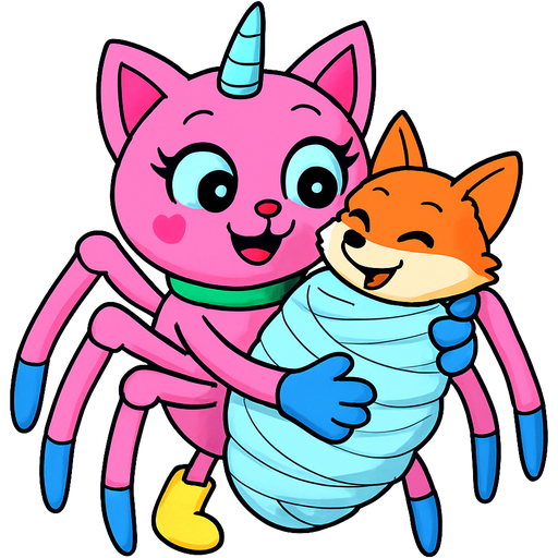 giant pink cat spider hybrid with blue unicorn horn green collar blue eyes with eyelashes heart shaped cheeks white wrists blue hands blue pink spider legs with white socks yellow boots cartoon character happy cuddling #B8FFFF cocoon slikworm cocooned pod orange furry fox happy covered with #B8FFFF huge coating of #B8FFFF spider slik and huge #B8FFFF spider slik wrappings and huge #B8FFFF spider slik webbing wrappings #B8FFFF emoji, artistic style
