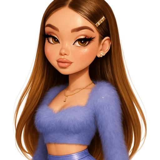 luxury glossy bratz-anime romantic aesthetic, warm cinematic glow, crisp clean detail, glossy glam skin. petite girl, soft-autumn tone, fair skin, honey-brown almond eyes, soft freckles, round moderate bust, sweet Belle-princess vibe, very long brunette honey balayage hair with visible light honey blonde highlights, periwinkle fur trim crop + satin skirt, mood: winter princess brat “kiss my cheek or leave”, hair: straight sleek half-fur clip shiny ends, makeup: nude gloss fox-eye liner glitter tear duct soft sculpt, jewelry: pearl ear cuffs gold charm necklace, pop-princess energy, shimmer highlight, sparkly glow