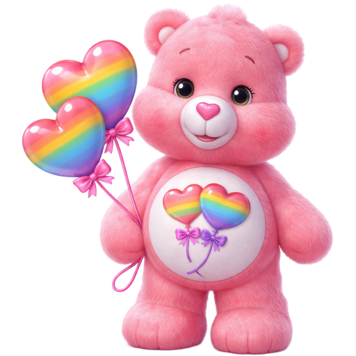 Daydream Coral Pink Care Bear with Two Tangled Rainbow Heart Balloons with One Balloon with a Pink String and Bow and the Other Being a Purple String with a Bow on the Stomach with a Pink Heart Nose