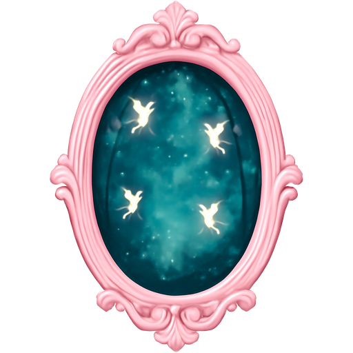 Mirror with light baby pink fancy frame long in the mirror an enchanted forest with many stars and fairies
