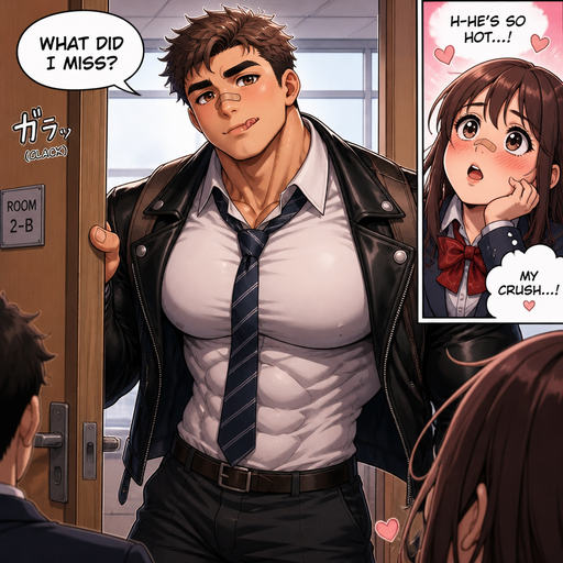 A ANIME COMIC BOOK of a Beefy and Bulky ANIME character and Huge Beefy Pecs and Biceps and above average High schooler but Bulky and ANIME Cute Bara Big Bulky Beach High school Hunk Who looks Normal 19 or 20 year old American with a round facial Structure and ROUND and BASIC facial structure and No Facial Hair With Puffy and Big Pecs that are visible through the shirt and Biceps and Bandaid on his nose and slim and thin waist Wearing a Black leather jacket and School uniform underneath. he opens the classroom door and with his Crush shocked and blushing while looking at him, looking Dreamy and Cute and lifting his Head up and Licking his lips l. And says what did I miss