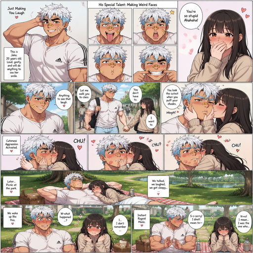 A Full page Anime Comic book story about of a masculine and Bulky ANIME Cute Bara Man American 20 year old with a ROUND and BASIC facial structure and TENAGE BARA CUTE MALE not to detailed With bigger than average Pecs that are visible through the shirt and Biceps and Bandaid on his nose and Left Cheek and Right Eye brow warring. Wearing a no piercings Baggy White Adidas Athletic shirt and Short and White Korean Permed Hair and Light blue hair Roots and Strait with brown eyes and black eyebrows. And makes more funny faces just to see her laugh. And then. Let me walk you to class and holds her hand and she says you look the cutest when you puff your cheeks and she grabs his cheek and has cuteness aggression towards him and Kissed him several time with many kiss marks on his face. The Napping together on a Picnic in a Beautiful Park. And they wake up and Blush finding they slept together. And they Back away from Eachother