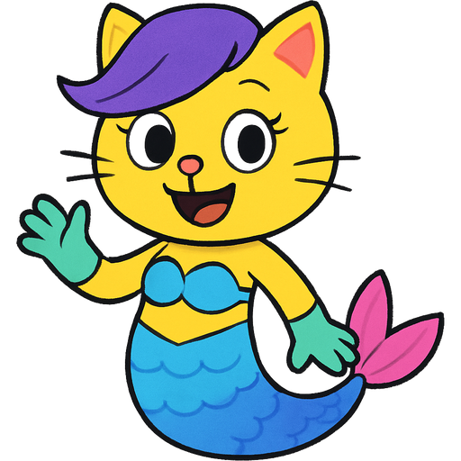 yellow cat anthro with purple hair blue cyan and white mermaid tail with pink fins light green gloves and swimsuit top blue happy tree friends style version artistic creation, beautiful art