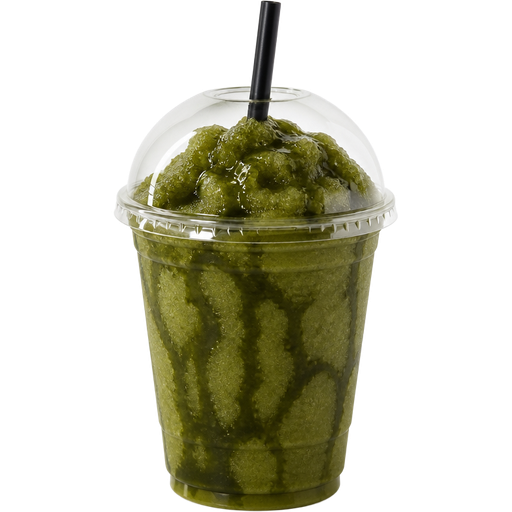 Halloween Shaved Ice Slushie in a Plastic Cup and Plastic Dome Lid with a Straw Mixed in with Extra Syrup and it’s Moss Green