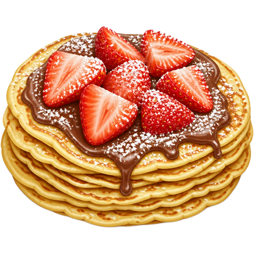 Crêpes empilées les unes sur les autres avec des fraises coupées sur le dessus avec du nutella et du sucre en poudre