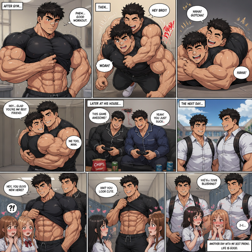 A comic book anime story and isn’t cringy and actually cool of a Muscle is bigger than average and more Chunky and Bulky chest and Biceps and Huge Forearms and his defined abs and very slim and v-Shaped body and slim lower body ANIME Cute Bara VERY MASCULINE American 20 year old with a ROUND and BASIC facial structure and Young Adult BARA CUTE that is Peach Toned skin not anything else MALE not to detailed With bigger Chinkier Bulkier and Beefier Pecs that are visible through the shirt and Biceps are Gigantic and the size of a head and a big Bandaid on his nose. Wearing a no piercings Wearing a shirt till he took it off in the Bathroom and pants pants and drenched in sweat and Short and Black fluffy Hair that travels and curls to the Side and Strait with brown eyes and black eyebrows with a Three finger Slash on his Eyebrow. With no Facial Hair. And his Best friend who is as big and as buff as him runs to him and jumps on his back and they go down and his Best friend lands on his friend and they laugh. But his Best friend says hey And picks him up and gives him a hug. And they laugh and They Go to his house and Get dressed into Pajamas and Play video games. and they Go to school the next day at school and his Best friend and Talks to him in the hallway and they both talk to girls and make them blush by Lifting there shirts at different times of the day