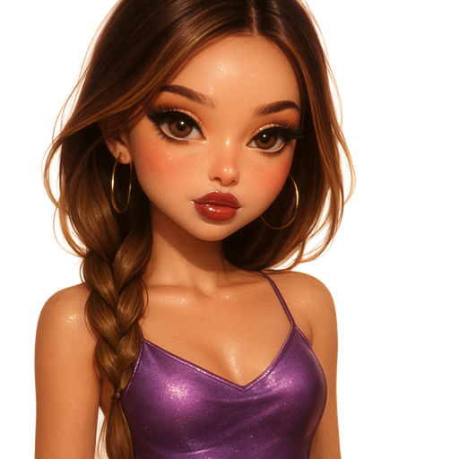 luxury glossy bratz-anime romantic aesthetic, warm cinematic glow, crisp clean detail, glossy glam skin. petite girl, warm soft-autumn tone, fair skin, honey-brown almond eyes, soft freckles, warm toasty glam makeup, glossy nude lips, flutter lashes, sweet Belle-princess vibe, long brunette honey balayage hair with visible light honey blonde highlights, Metallic purple cami with low-rise black pants, sleek braid, glossy plum lips, thin hoops, fierce gaze, pop-princess energy, shimmer highlight, sparkly glow