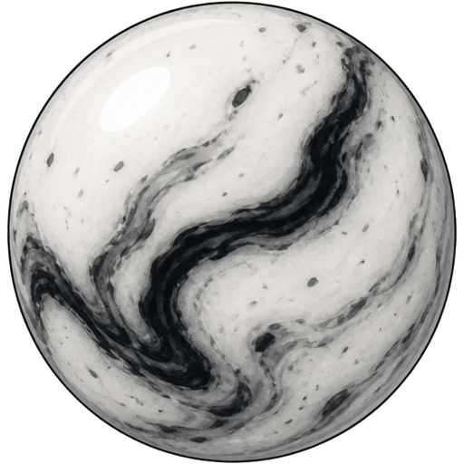 ghibli style | single black and white speckled marble sphere | isolated birds eye view | straight and center view