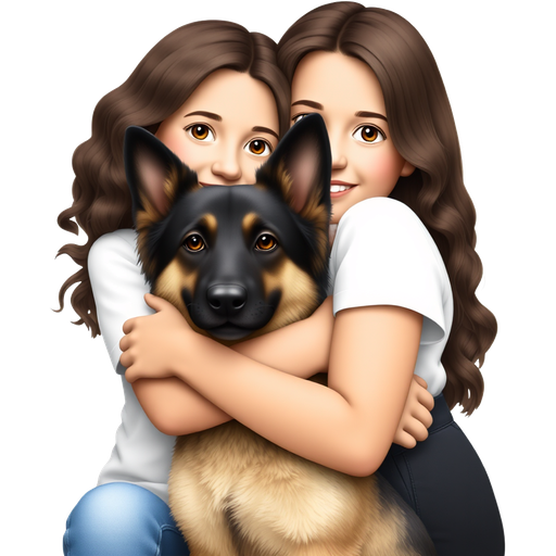 a light skinned girl with EXTRA LONG DARK BROWN wavy hair smiling hugging a black and brown German Shepard