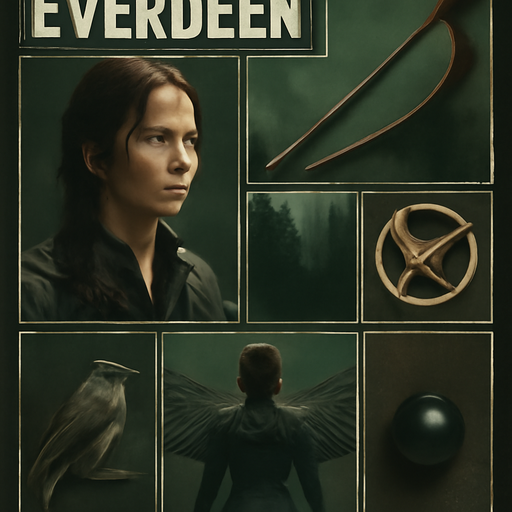 Diese Collage geht um Karinas Everdeen sie ist in Wald Grün und dunkel braun gehalten auf einem Bild ist ihr Bogen mit Pfeilen auf einem anderem der dunkele Wald auf einem anderen ein spottölpel und wieder auf einem anderen ihr spottölpel Kostüm mit ausgebreiteten Flügeln und auf einem anderem die goldene spottölpel Brosche und wieder auf einem anderen die schwarze Perle die sie von peers bekam