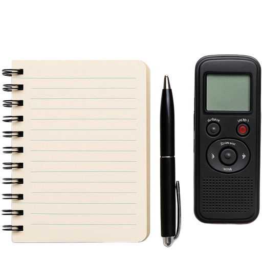 Written notebook, pen and voice recorder. In front of him is the number 3 of orange colour. Around the heart of different colours and directions