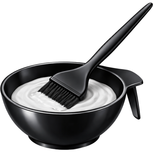 Luxury hairdresser bleach bowl, sleek matte or glossy black bowl filled with white hair dye or bleach mixture with a smooth creamy texture, professional hairdresser dye/tint brush resting inside the bowl, flat wide rectangular brush head with firm straight bristles designed for applying hair colour, long ergonomic handle, modern salon tool