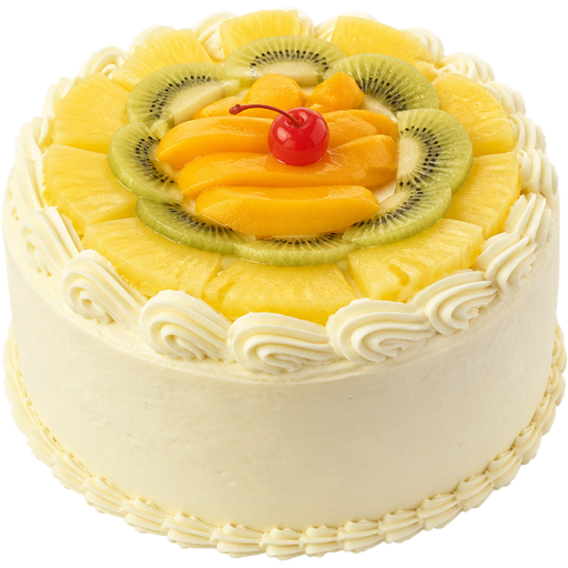 Whole Tropical Fruit Cake with Vanilla Butter Cream Frosting on the Outside and Slices of Tropical Fruit on Top