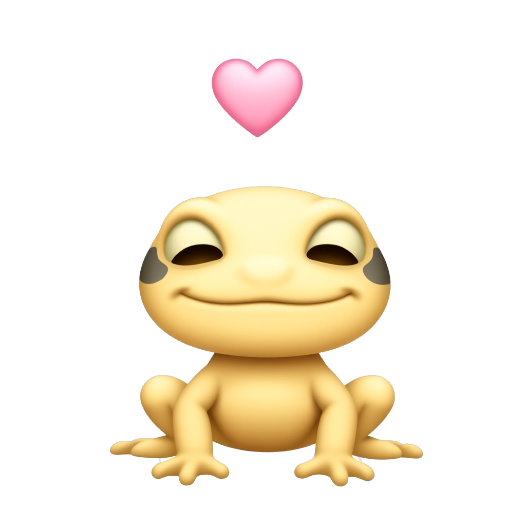 Cute yellow gecko with dark spots facing forward with its head slightly tilted to the right, closed eyes a big closed smile and no nose and a small pink heart floating above its head