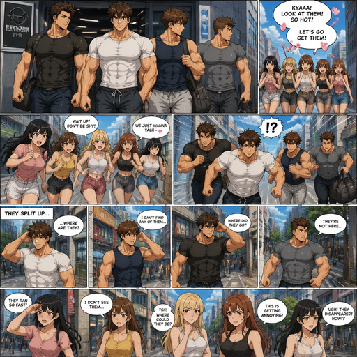 A Full Body Comic Book story view of a Hunky but Muscular ANIME Cute Bara Man With Peach toned skin Who looks like his brother and With Beefy and Big Pecs that are visible through the shirt and Biceps and Bandaid on his nose and Brown and Strait hair. Wearing a Normal clothes and no jewelry. With his 3 irresistible and Cute brothers that are Hunky and Bulky like his brother and they walk out of the gym sweaty and a group of 5 girls look at them and chase them and they run and split up and can’t find in an open city