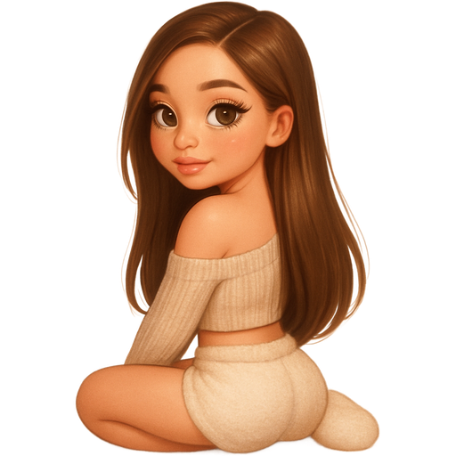 mini girl: back view sitting looking over shoulder with hair completely swept over shoulder: semi-realistic soft cartoon luxury glam, mini plush Bratz-doll aesthetic, cinematic glow, crisp clean detail, glossy glam skin. brown eyed Petite 5ft girl, fair skin with soft freckles, wide face with tall forehead, honey-brown almond wide-set upturned eyes, fluttery lashes, shimmer highlight, plush lips, bottom heavy lip, sweet Belle-princess vibe, long straight brunette hair with visible caramel highlights, side-part hair all swept to the side over shoulder softly defined feminine body, full round bust, dressed in a one-shoulder cropped knit sweater in warm oatmeal, ribbed texture hugging the arms, plush mini lounge shorts in soft cream with a fuzzy waistband, oversized fuzzy slippers in ivory. medium length hair, not too long. full body showing. Cozy romantic glow, soft warm lighting, pop-princess energy