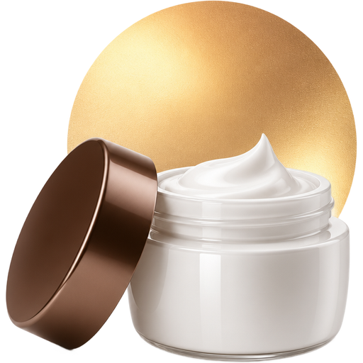 A minimal luxury morning skincare icon featuring an elegant white cream jar with a warm brown lid, a subtle realistic golden sun disc in the background (not a cartoon sun, no face, no eyes, no rays with rounded tips), glossy 3D icon style, modern minimal aesthetic, brown and white color palette, soft lighting, clean composition, transparent background, no people, no text.