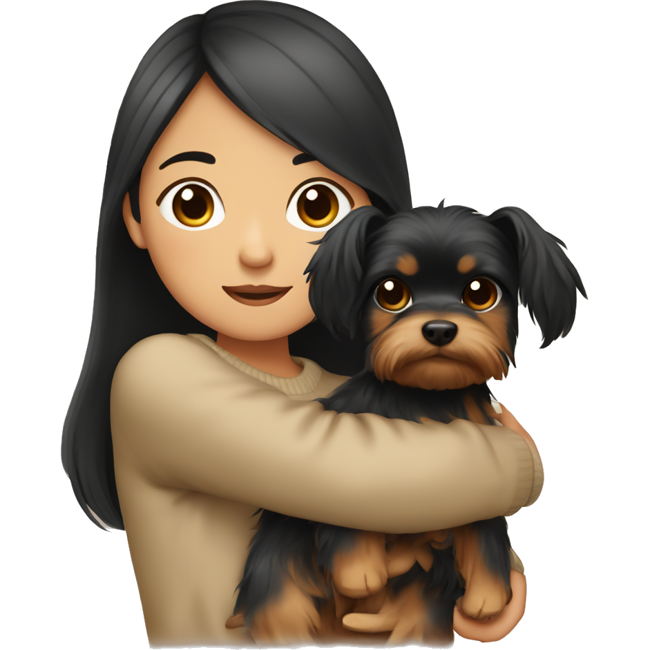 A Asian Girl with dark brown long hair wearing a cozy sweater holding a Yorkshire Terrier in her arms