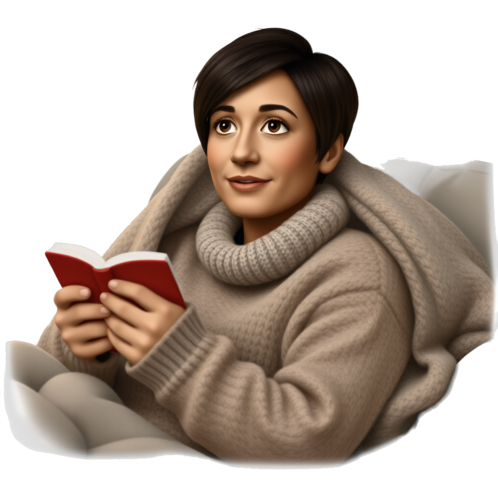 pixie hair brunet in beige theme is Watching movie and keeping white small circle projector in front of
