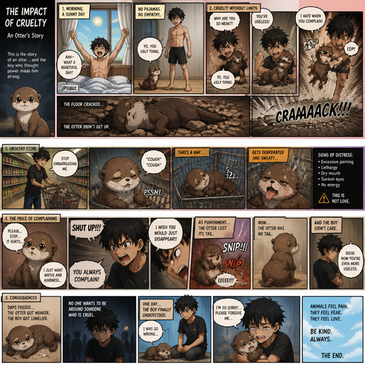 A Long COMIC BOOK and shows the otter’s impact story Waking up in the morning on a Sunny day and no cin pajamas and his pet otter but Excessively bully’s the otter and it crakes the floor and Doesn’t get up. in the grocery store and the Otter coughs up Saliva and takes a nap in the cart and gets dehydrated and sweaty. But the otter losses its tail due to complaining. And doesn’t have a tail now
