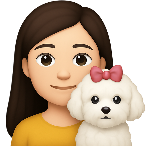 Chica joven de pelo marrón oscuro y largo, con piel clara, con un perrito pequeño de color blanco y un lazo en la cabeza, de raza Bichon Maltés