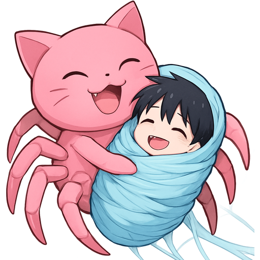 a happy giant pink cat spider hugging #B8FFFF slikworm cocooned pod black haired boy happy covered with #B8FFFF huge coating of #B8FFFF slik and huge #B8FFFF slik wrappings and huge #B8FFFF webbing wrappings #B8FFFF artistic creation, beautiful art
