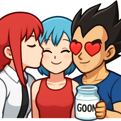 Makima kissing bulma and Vegeta with hearth eyes and he’s holding a jar of milk with a label that says goon
