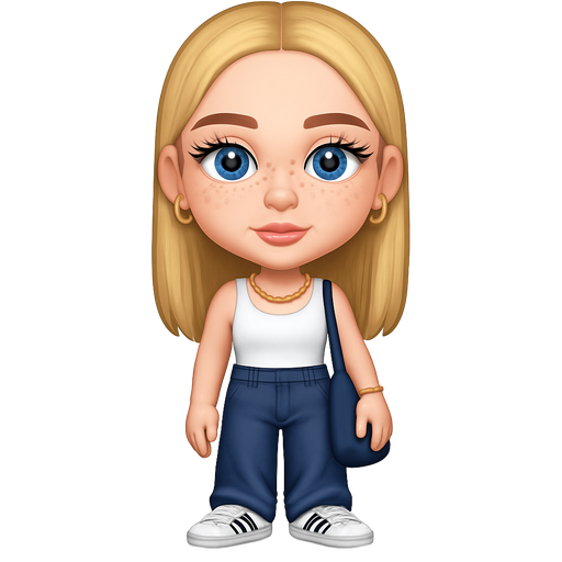 A girl with blonde hair straight and blue eyes with gold necklace bracelets earrings dark blue baggy jeans adidas sambas shoes and white tank top with makeup clean girl and white nails lashes and a little freckles