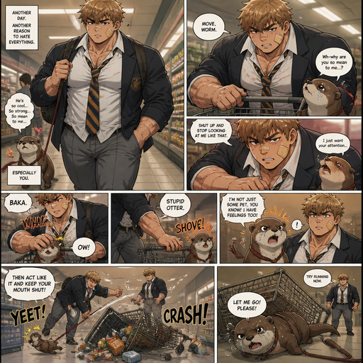 A Lifelike and Detailed Comic book story about of a Bulky and Beefy and every Muscle is bigger than average and less shredded or muscular with Chunky and Bulky chest and Biceps and his defined abs ANIME Cute Bara Man American 20 year old with a ROUND and BASIC facial structure and Young Adult BARA CUTE that is Peach Toned skin not anything else MALE not to detailed With bigger than average Pecs that are visible through the shirt and Biceps but slim and Athletic Lower body that makes have a V-Tapper Lower Body and a big Bandaid on his nose and Left Cheek and Right Eye brow with Scars all over his Chest and arms. Wearing a no piercings Wearing a baggy School Uniform and tie with Blazar and Pants and yellowish Brown Hair and Bright Light Brown fluffy Hair and Strait with brown eyes and black eyebrows with a Three finger Slash on his Eyebrow. With no Facial Hair. Coming home from School with his Pet Otter that has a Collar and has a Huge Crush on him but he doesn’t like the otter back, at the grocery store with the leash tied to the cart ans excessively Bullies it all day. And he the otter always gets disciples. And the otter one day talked back to him at the grocery store and the otter is throw at the cart and a the cart falls over. And the otter tries to escape but his tail is stuck