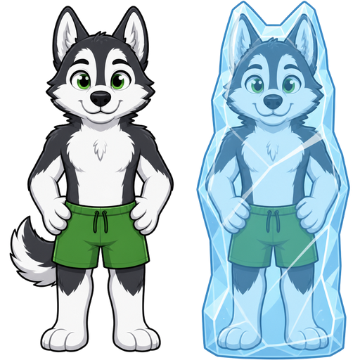anthro husky with green eyes green shorts front view next to anthro husky with green eyes green shorts frozen in ice cocoon shaped like a anthro husky front view
