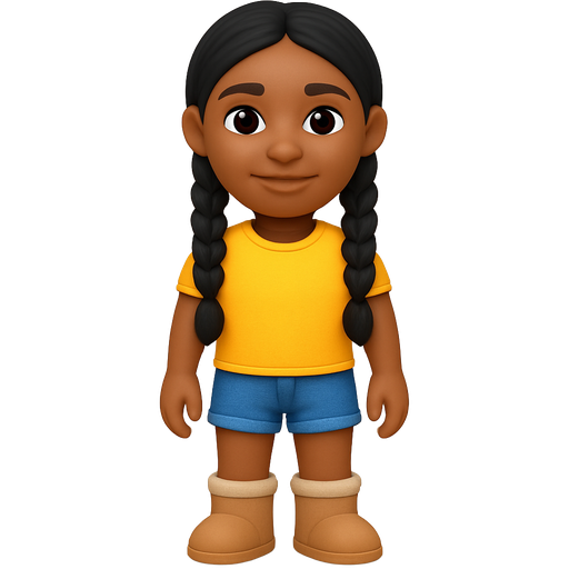 Long dark braids she has brown eyes is wearing a yellow shirt and jeans shorts with light uggs on her feet