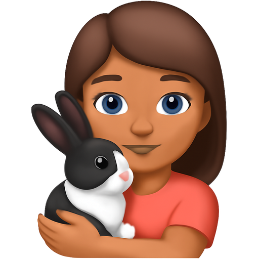 A girl with brown hair and blue eyes and color skin tan and make the girl holding a bunny and the bunnys color black and white