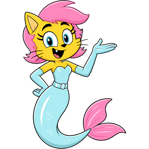 yellow boy cat furry with pink hair and light cyan very long rubber gloves light cyan dress tucked in light cyan mermaid tail with white highlights with pink tail fins (t.u.f.f puppy)