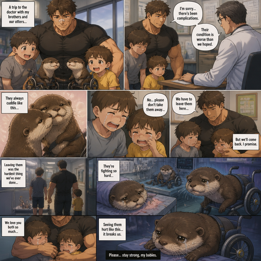 A DETAILED AND LIFELIKE ANIME Comic Book story view of a Bulky but Muscular ANIME Cute Bara Man With Peach toned skin Who looks Normal aind round facial Structure and Basic facial structure With Puffy and Big Pecs that are visible through the shirt and Biceps and Bandaid on his nose and Brown Fluffy and Strait hair. Wearing normal With his pet Grown and long and HEALTHY, CUTE AND REALISTIC pair of OTTERS in Dog Wheel Chairs and 2 little brothers that are in different ages but young. And they See there twin otters cuddle with them at the doctor’s office. The doctor has bad news and the otters sad. The brothers cry and have to leave the otters and see the otters go through hard things that make them cry