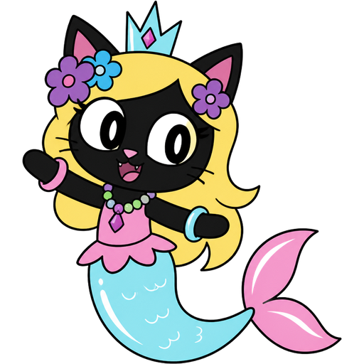 black cat with light yellow hair purple and blue flowers light cyan crown purple and green necklace pink and blue bracelets pink dress attached to long light cyan mermaid tail with white highlights with pink tail fins with white highlights in cartoon network styles 1 mighty magiswords 2 adventure time 3 unikitty! 4 powerpuff girls 5 we bare bears 6 hi hi puffy amiyumi 7 robotboy