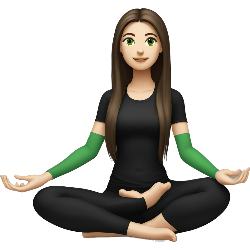Beautiful white girl with perfect dark brown long straight amazing hair and green eyes sitting in yoga pose with black outfit (short sleeve top)