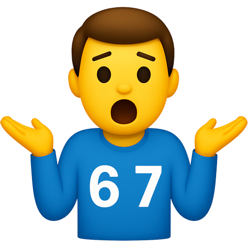 A front-facing character standing with arms open, palms up. One arm is upper than the other to suggest a vertical motion. The character has their mouth wide open, as if shouting. The text “6 7” is written large on the torso. The overall feeling should be an absurd, matter-of-fact gesture, like saying “that’s just how it is.”
