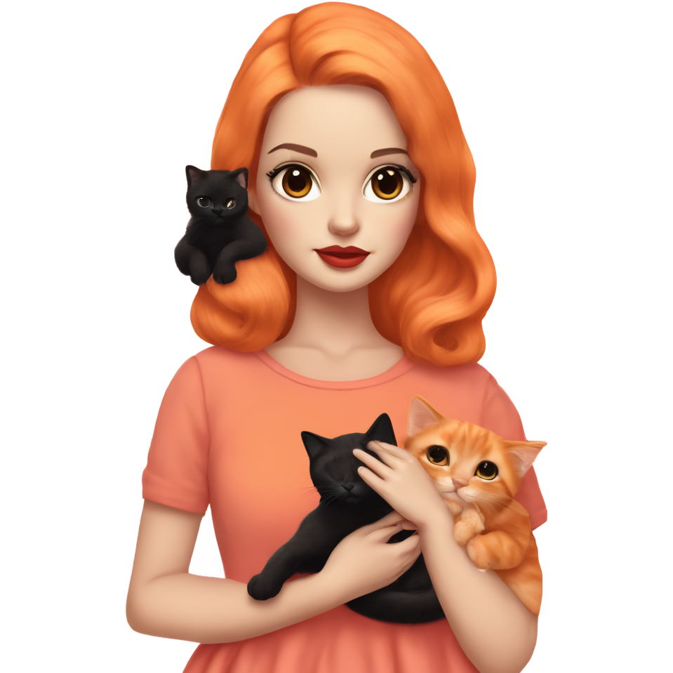 a berry pink color lips white skin girl with black Lana del rey style hair,holding a cute all orange fur cat